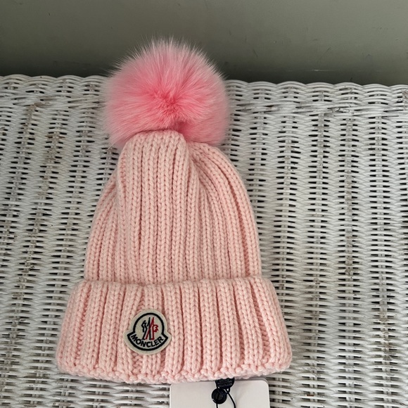 Moncler Accessories - NWT Moncler Cable Knit Beanie Hat Pink with Pom Pom OS